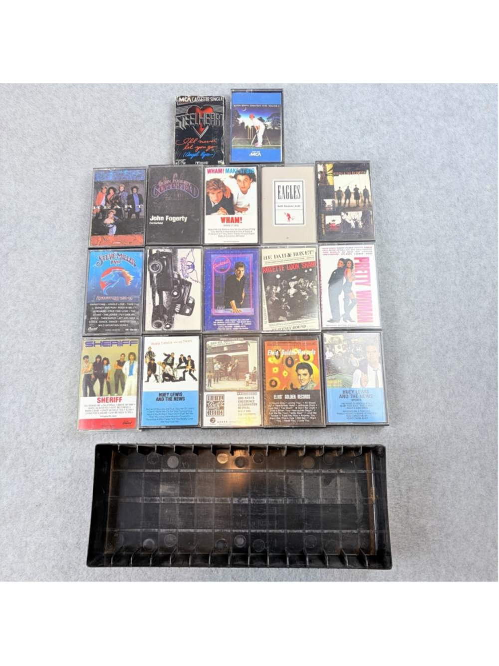 17 Cassette Tape Lot Rock Pop Soundtracks Eagles Aerosmith Elvis Wham Tray